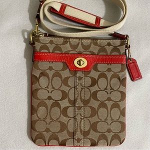 Coach Signature Canvas Crossbody Orange/ Red leather Trim